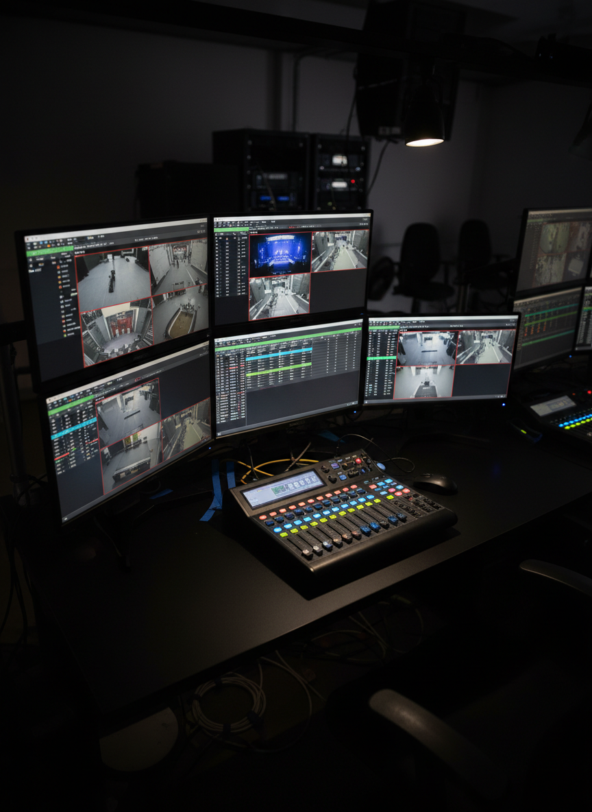 A close-up of a professional event production desk inside a darkened control room, featuring multiple ultra-wide monitors displaying live camera feeds, audio levels, and cue lists over a black, matte-finished console. A compact digital audio mixer, illuminated cue buttons, labeled faders, and color-coded tape marks line the surface with methodical precision. Soft, focused overhead lighting creates subtle reflections on the monitor bezels while leaving the surrounding room in gentle shadow, evoking intense concentration. The image is framed from a slightly elevated angle in sharp photographic realism, with shallow depth of field that keeps the central display cluster crisp while surrounding gear softly fades. The mood is highly technical, organized, and calm under pressure, capturing the behind-the-scenes sophistication of large event operations.