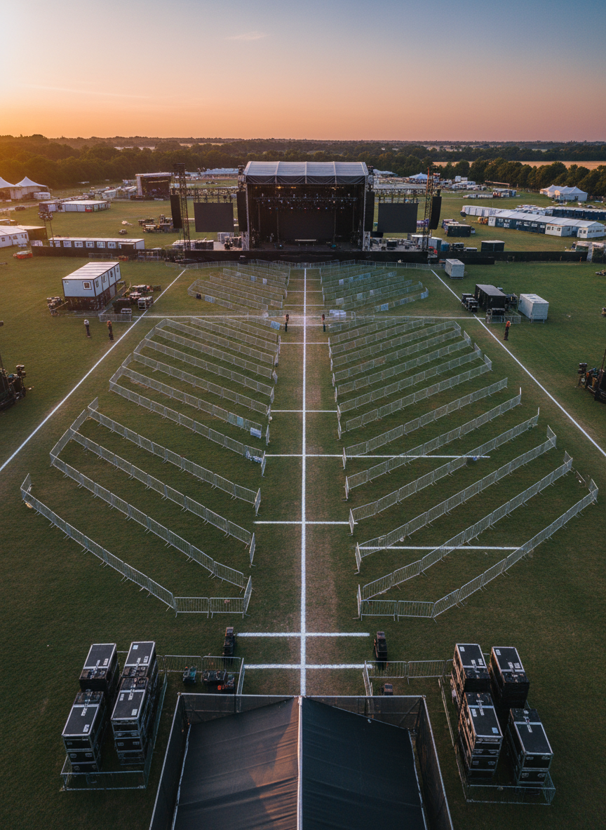 An expansive outdoor festival venue seen from a high vantage point at dusk, with a vast main stage structure dominating the foreground, its steel trusses and LED screens turned off but ready. Neatly arranged metal crowd barriers create clear lanes and emergency corridors across a wide, open field marked with crisp white lines. Portable operations cabins, power generators, and equipment cases are strategically placed around the perimeter. Subtle golden hour light washes the scene, casting long shadows and soft highlights on metallic surfaces, with a calm, expectant mood before doors open. Shot in photographic realism with a wide-angle lens and deep depth of field, capturing the full layout and emphasizing organized logistics, safety planning, and large-scale production readiness.
