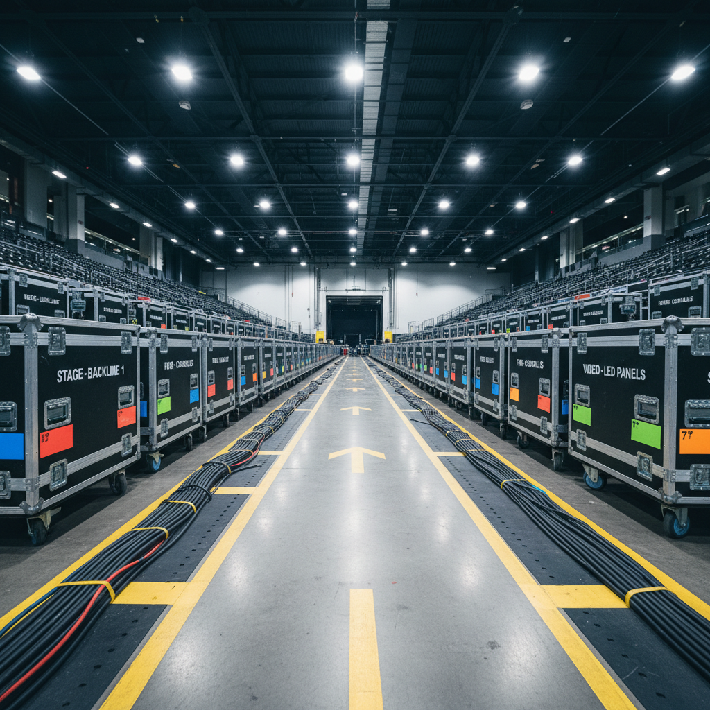 A spacious backstage loading zone at a large arena, shot in photographic realism, with sturdy black road cases lined in perfectly straight rows, each labeled with clear white typography and color-coded tags for different departments such as stage, lights, and FOH. Heavy-duty cable ramps cross a polished concrete floor, guiding coiled power and signal cables toward an unseen stage area. Yellow safety lines and directional arrows are freshly painted, emphasizing route planning. The space is lit by cool overhead industrial fixtures, creating crisp, directional light that casts defined shadows from the cases and ramps. Captured from a low-angle, wide composition that adds depth and scale, the scene feels efficient, disciplined, and meticulously coordinated, reflecting high-level logistical planning for massive events without any human presence.