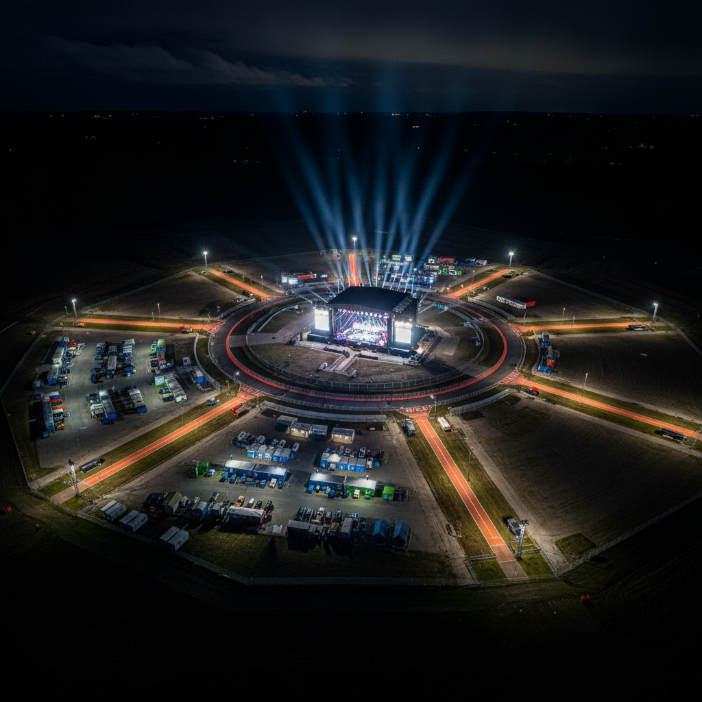 A nighttime aerial view of a fully operational large-scale event venue, captured in photographic realism, showing a brightly illuminated main stage with synchronized lighting beams reaching into the sky, surrounding it a clearly defined ring of security fences, emergency access corridors, and neatly arranged service areas. Perimeter lighting towers cast pools of white light along evacuation routes, while darker buffer zones separate activity areas. The image emphasizes clean geometry and zoning, with color variations indicating different operational zones. The scene is shot from a high, slightly oblique angle with deep depth of field, allowing the entire layout to remain sharp. The mood is controlled and confidently managed, highlighting safety planning, crowd flow design, and professional large-capacity event operations, all without individual people visible at this distance.