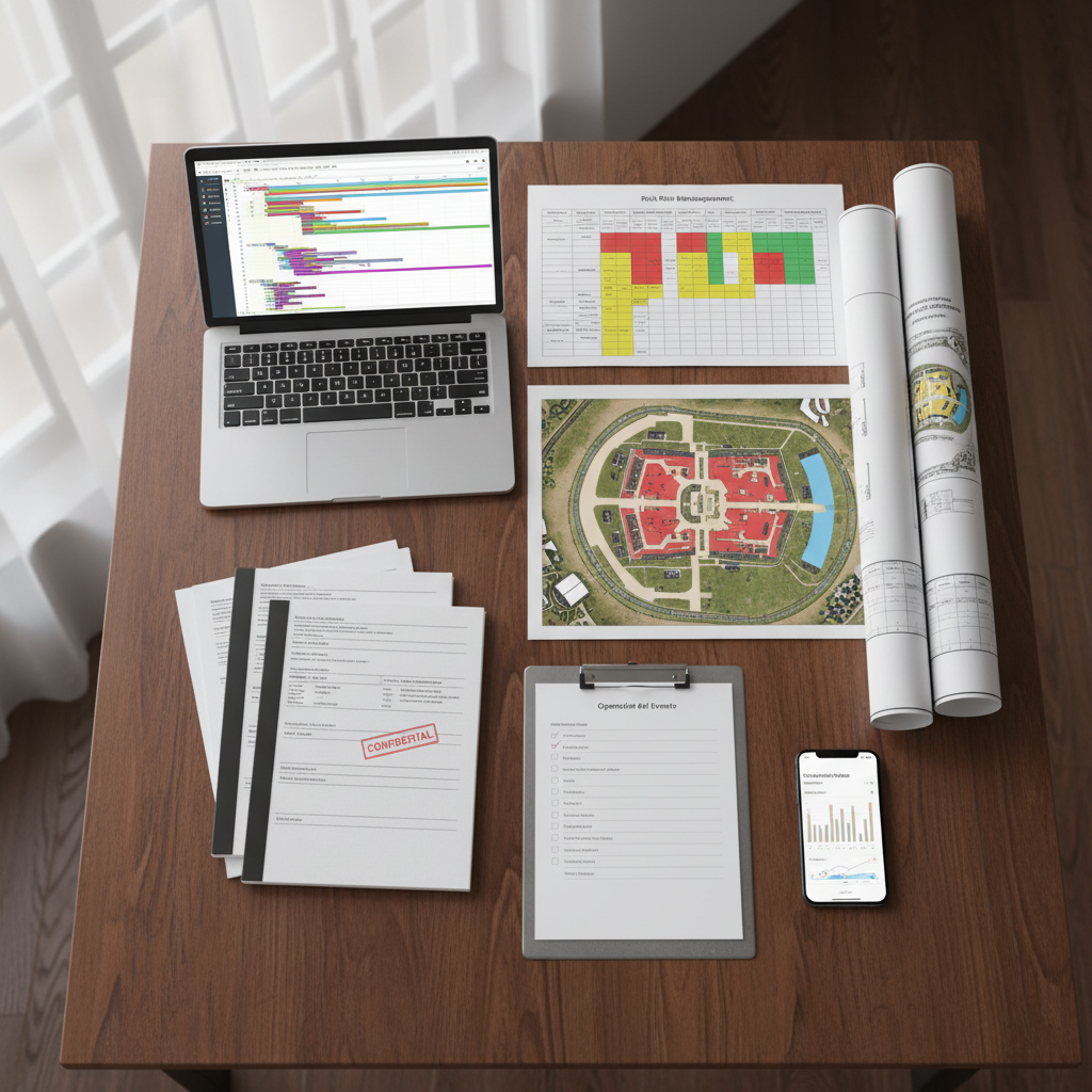 A detailed tabletop flat lay of professional event planning materials arranged on a smooth, dark wood surface: an open laptop displaying a Gantt chart schedule, a printed risk management matrix with highlighted zones, color-coded floor plans of a festival site, neatly stacked supplier contracts, and a metallic clipboard with a checklist titled “Operación del Evento”. Beside them, a sleek smartphone shows a capacity tracking dashboard. Soft, natural window light from the left creates gentle gradients across the paper textures and subtle reflections on metal surfaces, with a calm, strategic atmosphere. Photographed directly from above in clean photographic realism, with every item in sharp focus, the composition uses balanced, geometric placement to communicate order, professionalism, and the intellectual rigor behind large-scale event coordination.